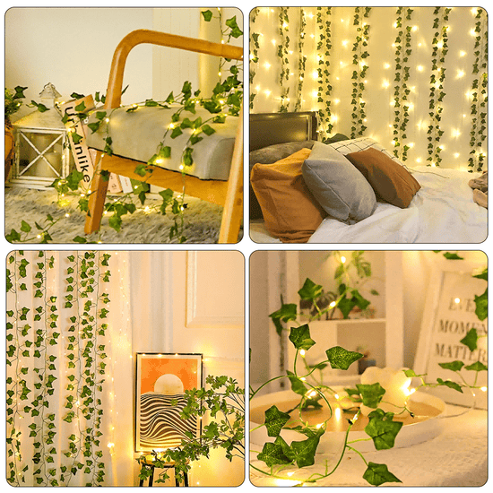 1pc, 200CM/20LED, Artificial Green Ivy String Lights, Vine Fairy Wreath Lights, for Family, Bedroom, Party, New Year, Wedding, Festival, Spring Decorations, Mother'S Day, Valentine'S Day, Wall Decoration, Easter, Battery Not Included