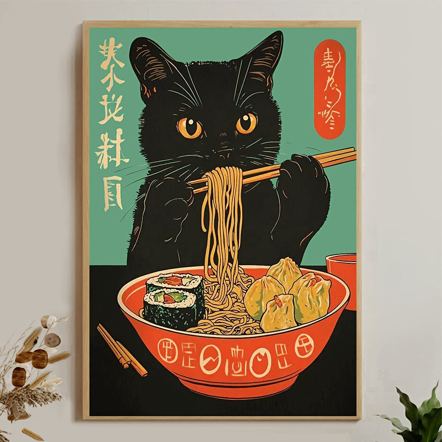 1pc Japanese Ramen Cat Poster - Cute Anime Kitten Eating Ramen Noodle Bowl Wall Art, Canvas Print Suitable for Bedroom, Dorm, Living Room Decor - Perfect Gift for Cat Lovers & Anime Fans, 2D Flat, Perfect for Room Decor