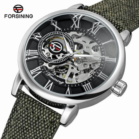 FORSINING Men's Skeleton Automatic Watch | Roman Numerals | Silvery Case | Green Canvas Strap | Mechanical Wristwatch | Gift for Him
