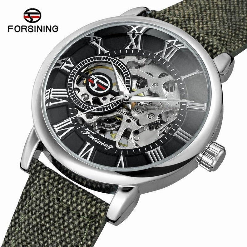 FORSINING Men's Skeleton Automatic Watch | Roman Numerals | Silvery Case | Green Canvas Strap | Mechanical Wristwatch | Gift for Him
