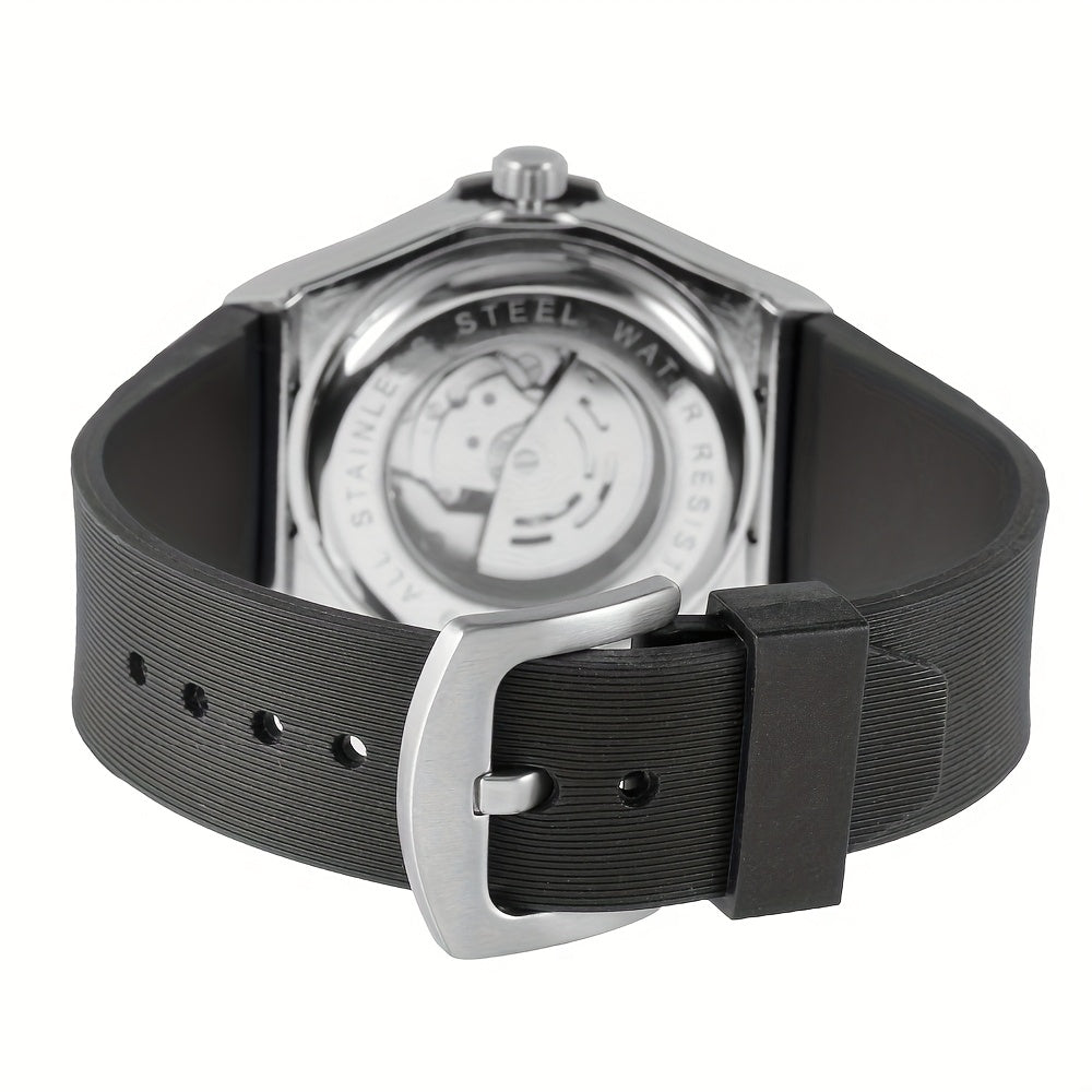 Classic And Easy Men'S Business Style Automatic Mechanical Watch Casual Large Dial Calendar Silicone Sports Student Military Wristwatch Clock Mechanism Best Gifts with Box, Without Battery