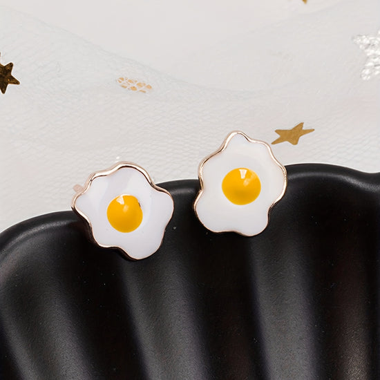 Creative Poached Egg Design Enamel Stud Earrings Cute Style Alloy Silver Plated Jewelry Trendy Gift For Women