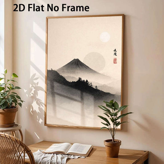 2D Flat, 2D Flat, Minimalist Wall Art Print of Mount Fuji, Featuring a Traditional Japanese Landscape in Ink Wash Style, Perfect for Zen Decor, Unframed
