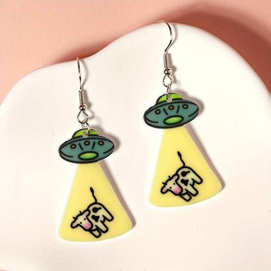 Charming UFO & Cow Alien Dangle Earrings - Cute Cartoon Style, Glossy Acrylic Finish for Everyday & Party Wear