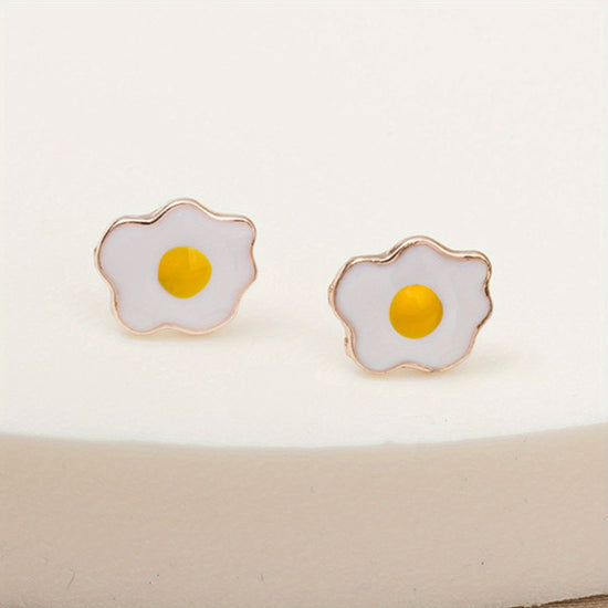 Creative Poached Egg Design Enamel Stud Earrings Cute Style Alloy Silver Plated Jewelry Trendy Gift For Women