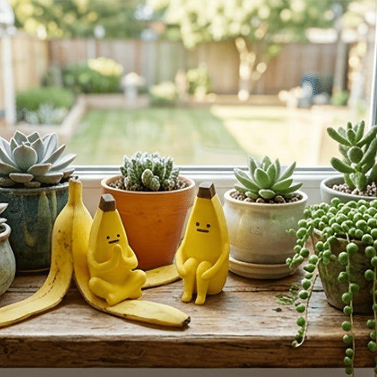 2pcs Different Shaped Banana Statues - Smiling And Frowning Face Expressions Collectible Desktop Decor, Resin Plastic Characters for Car And Home, Fun Birthday/Christmas/Halloween Gift (Yellow Banana Models)