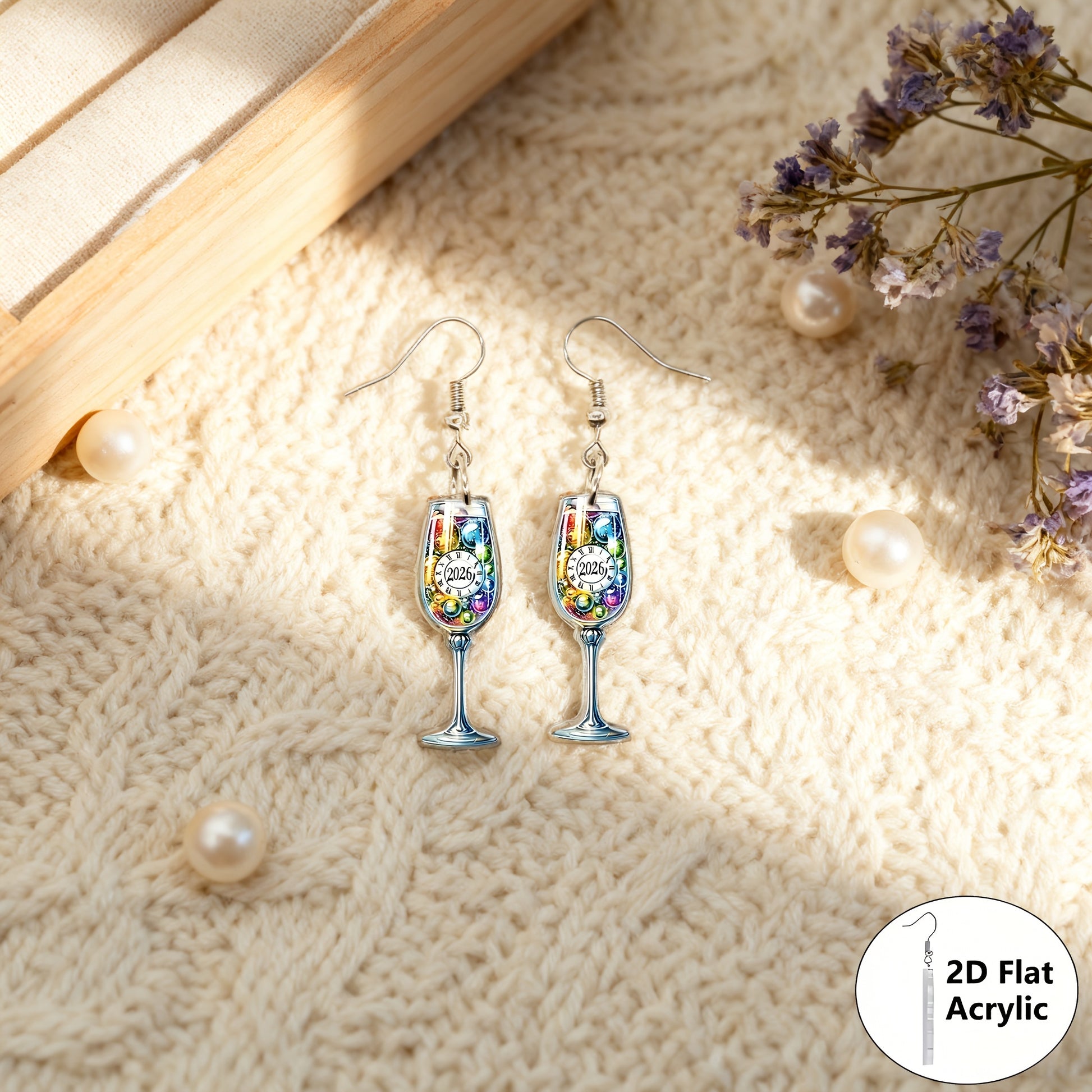 2D Flat - A Pair of 2D Flat Watercolor Earrings Featuring a Cheerful New Year 2026 Design, Made of Acrylic. These Cute Pendants Make Perfect Gifts for Friends And Family