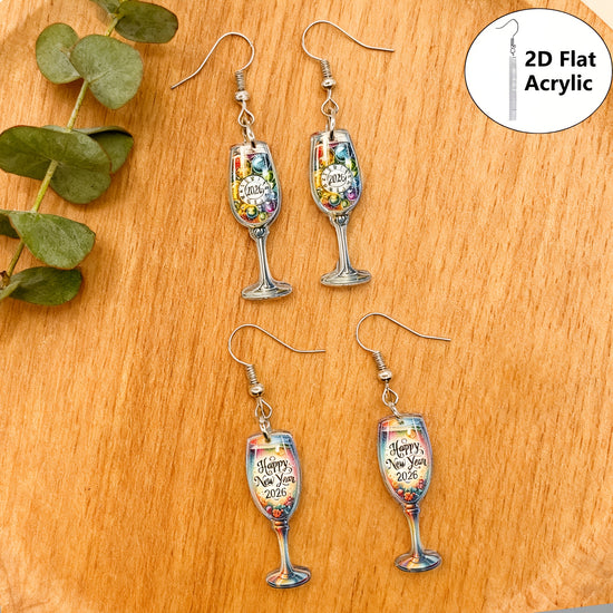 2D Flat - A Pair of 2D Flat Watercolor Earrings Featuring a Cheerful New Year 2026 Design, Made of Acrylic. These Cute Pendants Make Perfect Gifts for Friends And Family