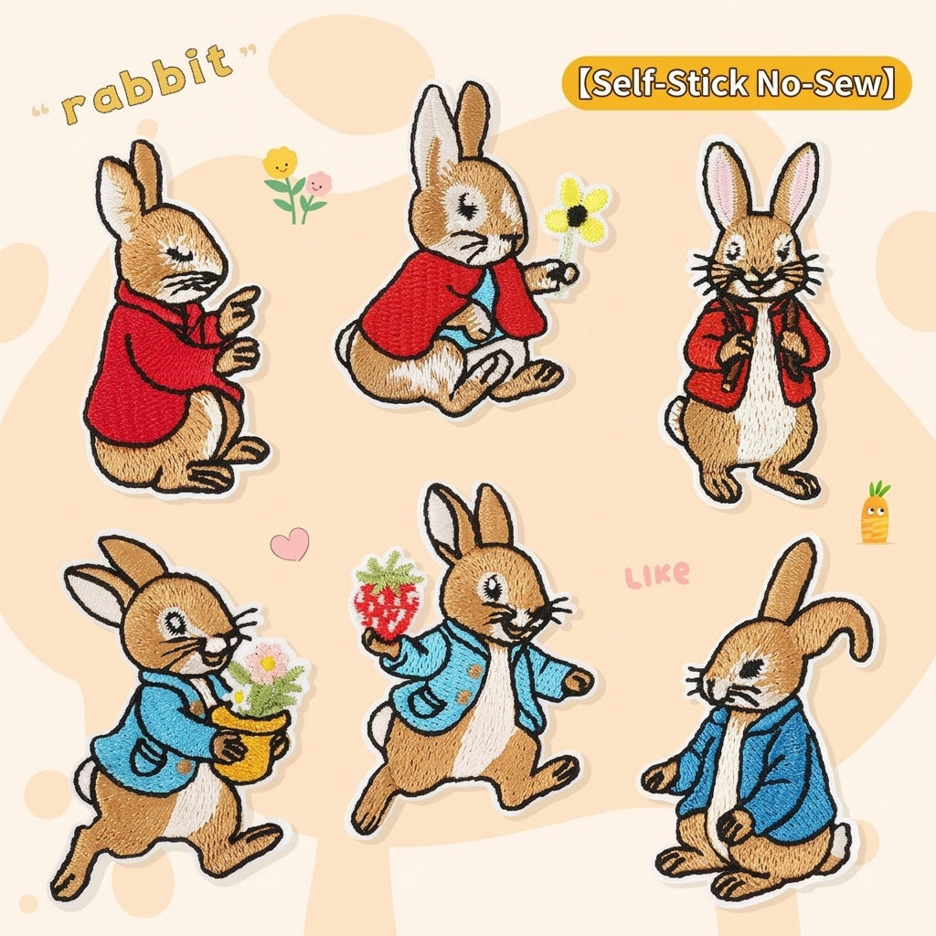 1pc Multi-Color Cute Little Rabbit Self-Adhesive Embroidery Patch, Cartoon Anime DIY Embroidery Handicraft Accessory, Apparel Decorative Accessory Supply Patch, Convenient Multi-Functional Aesthetic Item, Beautiful Sewing Craft Decorative Sticker