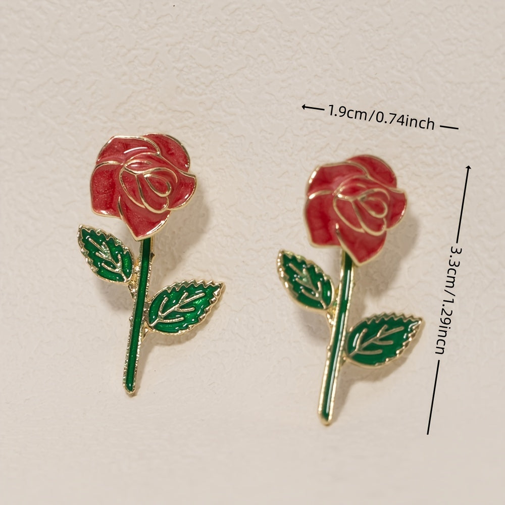 1 Pair Sweet Fashionable Dazzling Red Rose Flower Stud Earrings Women'S Front And Back Styles Flower Earrings, Suitable for Daily And Date Wear, Also As Valentine'S Day Gift for And Ladies