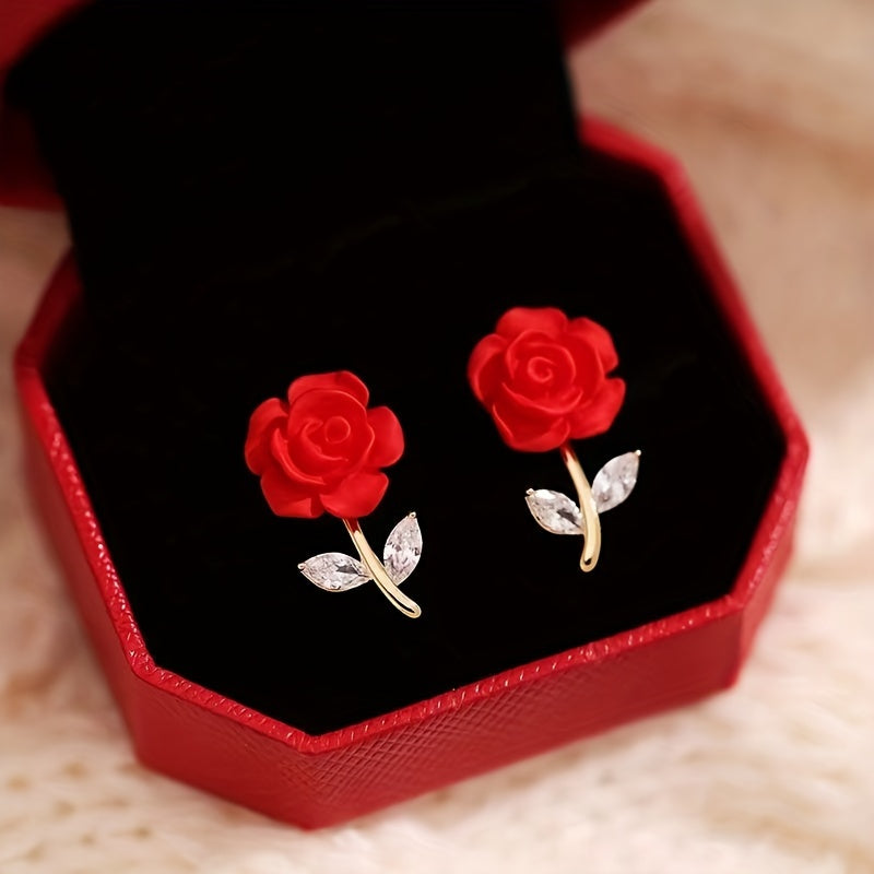 New Red Rose Earrings: Exquisite and Elegant Rose Stud Earrings, Trendy and Versatile Ear Accessories