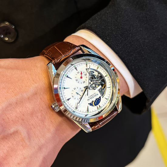 Men's Fashion Mechanical Watch - Automatic Winding Skeleton Moon Phase Dial, Round Dial, Analog Display, Mechanical Movement, No Battery Required