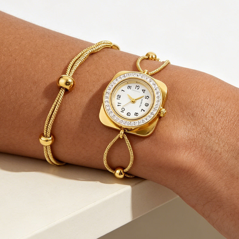 Stainless Steel Synthetic Zirconia Women'S Bracelet Watch –2pcs(Bracelet+Gift Box), Classic Style, Durable & Washable Design, Perfect for Daily Wear, Party, And All Seasons, Ideal G