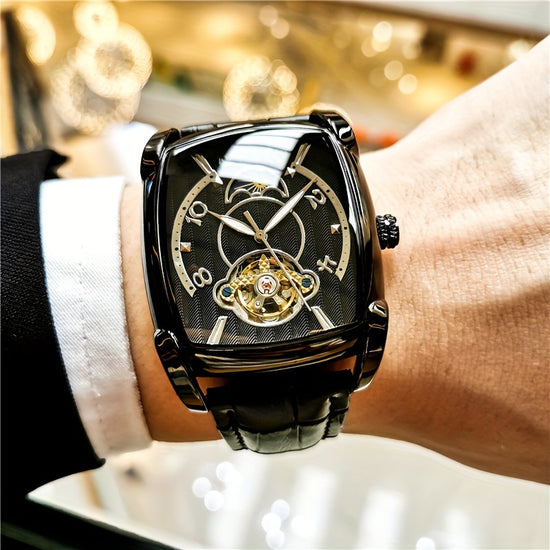 A Fully Automatic Tourbillon Mechanical Watch, A Light Luxury High-end Fashion Trend Hollow Business Casual Wristwatch, High-end Atmosphere, Sun, Moon, Stars, Square Temperament Large Dial Men's Watch.