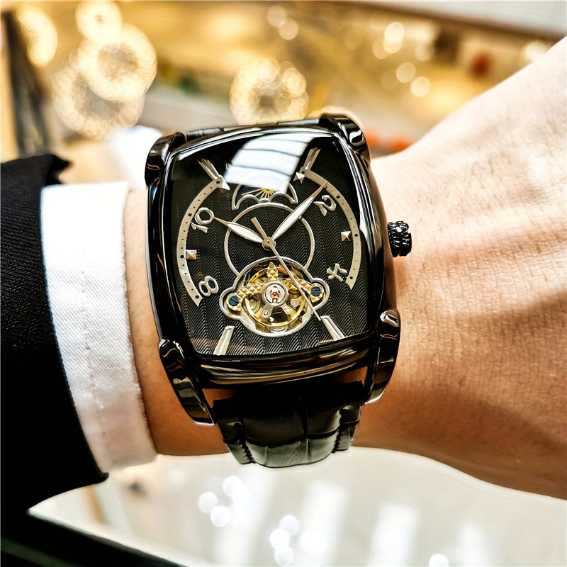 A Fully Automatic Tourbillon Mechanical Watch, A Light Luxury High-end Fashion Trend Hollow Business Casual Wristwatch, High-end Atmosphere, Sun, Moon, Stars, Square Temperament Large Dial Men's Watch.