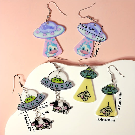 Charming UFO & Cow Alien Dangle Earrings - Cute Cartoon Style, Glossy Acrylic Finish for Everyday & Party Wear
