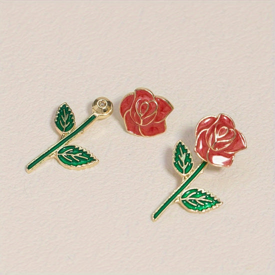 1 Pair Sweet Fashionable Dazzling Red Rose Flower Stud Earrings Women'S Front And Back Styles Flower Earrings, Suitable for Daily And Date Wear, Also As Valentine'S Day Gift for And Ladies