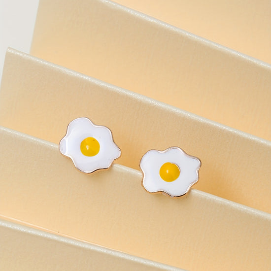Creative Poached Egg Design Enamel Stud Earrings Cute Style Alloy Silver Plated Jewelry Trendy Gift For Women