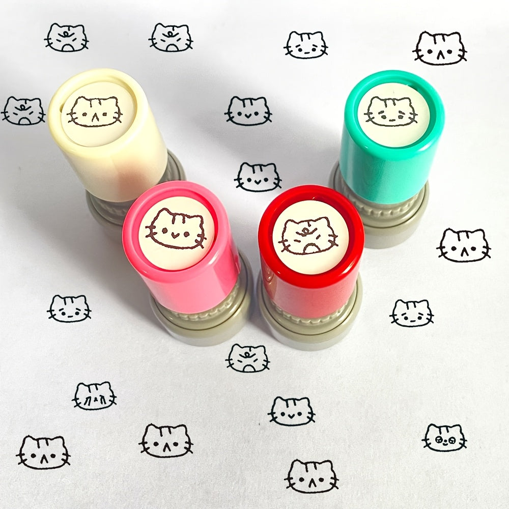 Mini Cat Emotion Stamps Cute Cartoon Scrapbook Decoration Stamps 6 Styles Expressions with Ink Pad Student Journal Check-In Kids Fun Stationery Portable Photosensitive Stamps