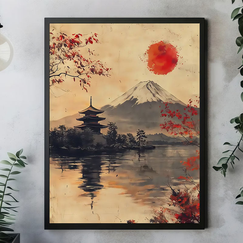 2D Flat, 2D Flat, 1pc of Frameless Artwork Featuring Mount Fuji And a Red Sun Pagoda Scene, Canvas Print Poster in Japanese Style Wall Art Decoration, Suitable for Living Room, Bedroom, Office, Restaurant, And Bar Wall Decor, Printed, Art Piece