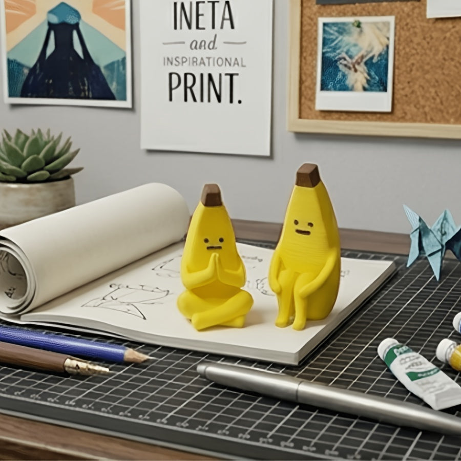 2pcs Different Shaped Banana Statues - Smiling And Frowning Face Expressions Collectible Desktop Decor, Resin Plastic Characters for Car And Home, Fun Birthday/Christmas/Halloween Gift (Yellow Banana Models)