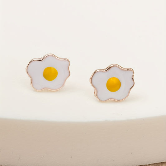 Creative Poached Egg Design Enamel Stud Earrings Cute Style Alloy Silver Plated Jewelry Trendy Gift For Women