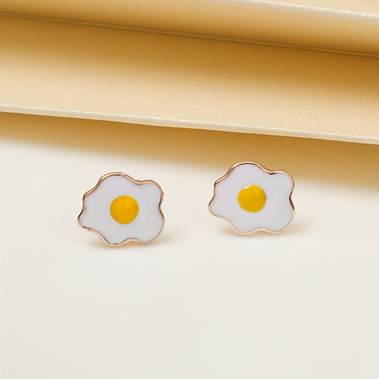 Creative Poached Egg Design Enamel Stud Earrings Cute Style Alloy Silver Plated Jewelry Trendy Gift For Women