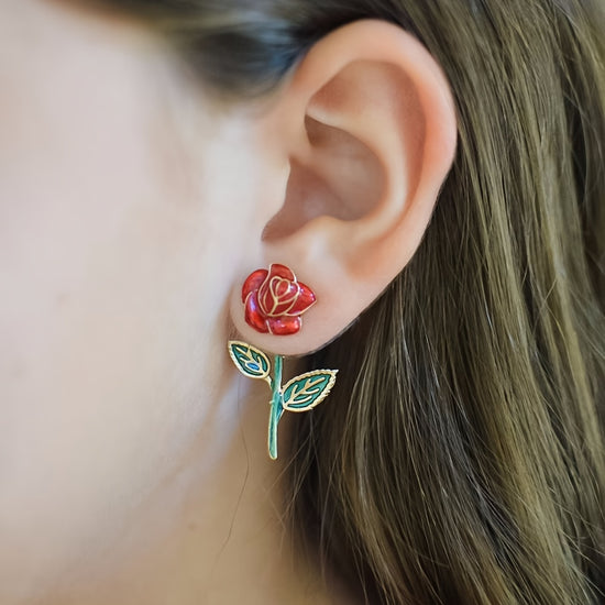 1 Pair Sweet Fashionable Dazzling Red Rose Flower Stud Earrings Women'S Front And Back Styles Flower Earrings, Suitable for Daily And Date Wear, Also As Valentine'S Day Gift for And Ladies