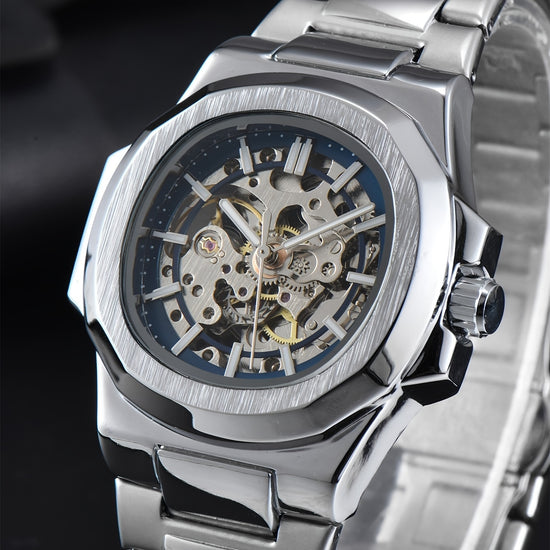 Men'S Fully Automatic Business And Leisure Watch with All Metal Case, Stainless Steel Butterfly Buckle Strap, Trendy And Fashionable Night Light, And High-End Hollowed Out Mechanical Watch for Business And Leisure Men, Suitable As a Christmas Gift