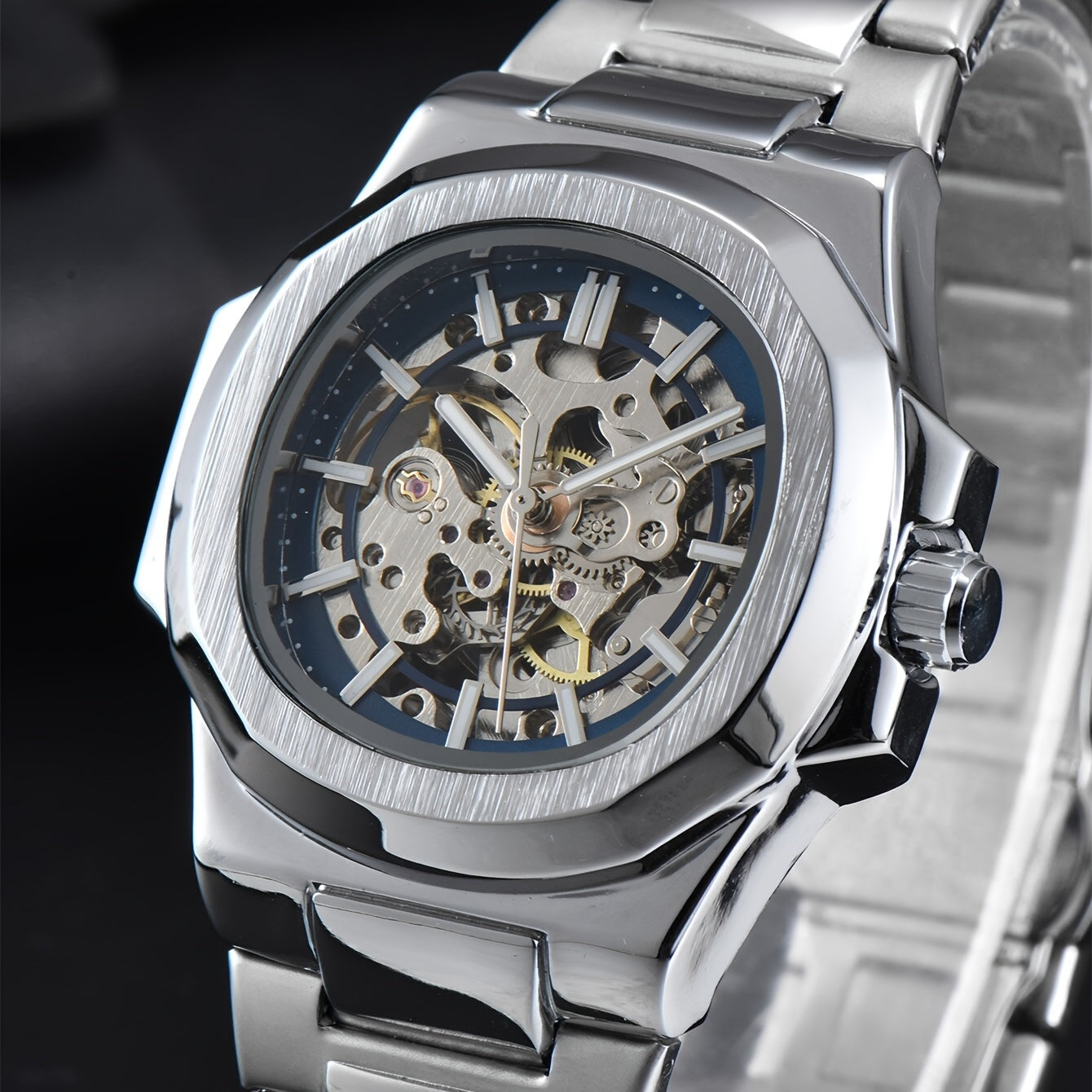 Men'S Fully Automatic Business And Leisure Watch with All Metal Case, Stainless Steel Butterfly Buckle Strap, Trendy And Fashionable Night Light, And High-End Hollowed Out Mechanical Watch for Business And Leisure Men, Suitable As a Christmas Gift