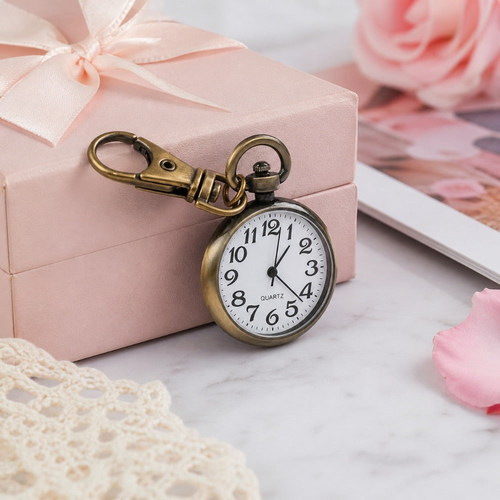 2pcs Vintage Bronze Large Arabic Numerals Mini Quartz Pocket Watch with Lobster Clasp Clip, Portable Hanging Timepiece for Men Women Elderly, Ideal Fathers Day Birthday Christmas Gifts