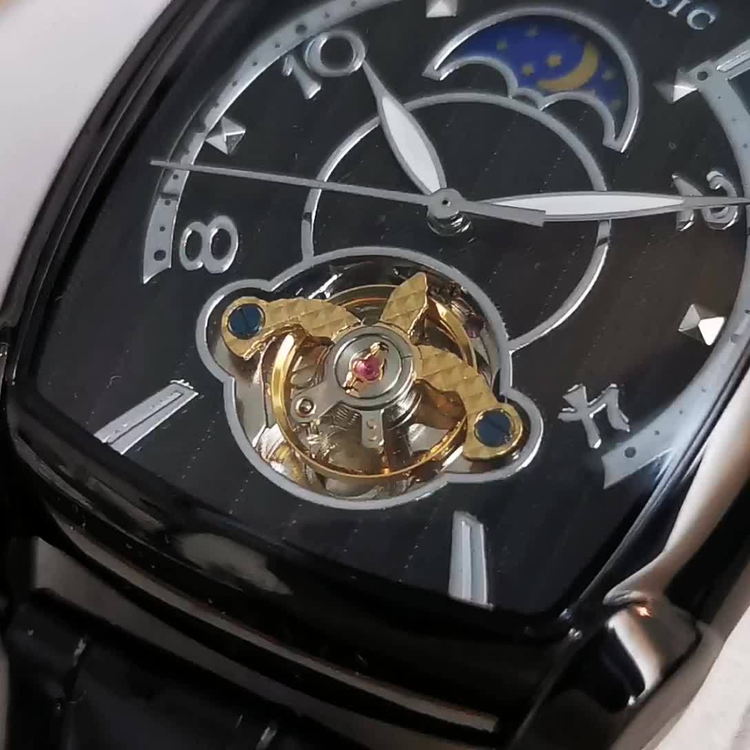 A Fully Automatic Tourbillon Mechanical Watch, A Light Luxury High-end Fashion Trend Hollow Business Casual Wristwatch, High-end Atmosphere, Sun, Moon, Stars, Square Temperament Large Dial Men's Watch.