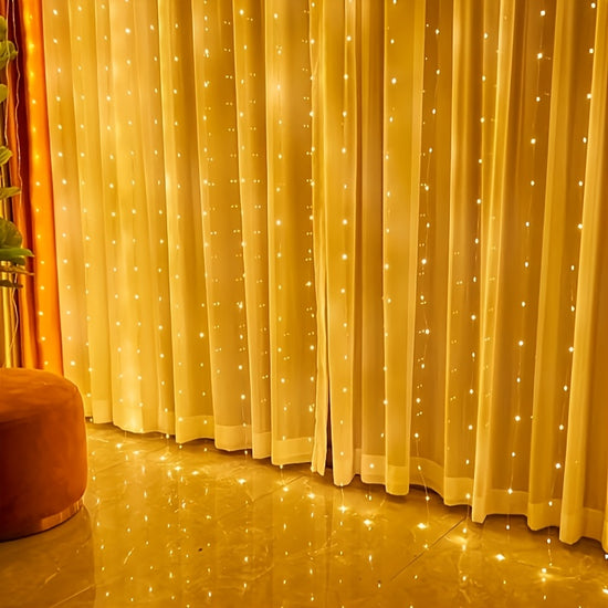 LED Curtain Waterfall Lights with Copper Wire & Star Design - Battery-Operated, 8 Modes, Perfect for Living Room, Bedroom Ambience Decor | Festive String Lights