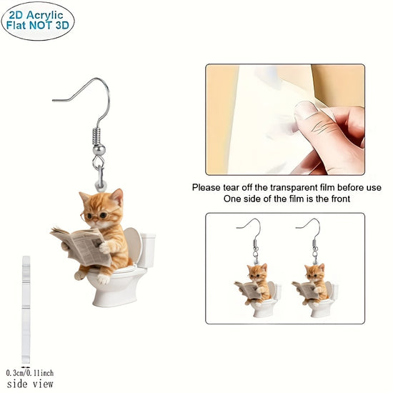 2D Flat, 1 Pair, Cute Sitting on Toilet Reading Newspaper Acrylic Pendant Earrings, Pet Lovers, Suitable Women, Parties And, Four Seasons Fashion Accessories,, Daily Earrings, Novel Earrings, Fantasy Illustration, Cute Design, Durable Pendant, Light