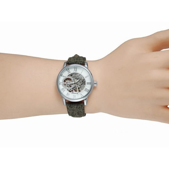 FORSINING Men's Skeleton Automatic Watch | Roman Numerals | Silvery Case | Green Canvas Strap | Mechanical Wristwatch | Gift for Him