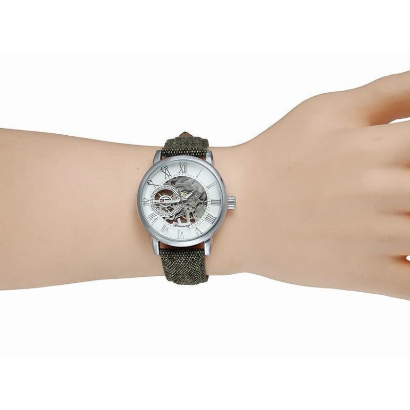 FORSINING Men's Skeleton Automatic Watch | Roman Numerals | Silvery Case | Green Canvas Strap | Mechanical Wristwatch | Gift for Him