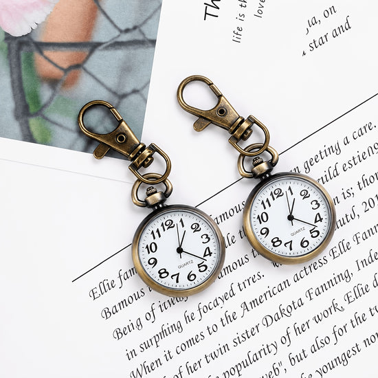 2pcs Vintage Bronze Large Arabic Numerals Mini Quartz Pocket Watch with Lobster Clasp Clip, Portable Hanging Timepiece for Men Women Elderly, Ideal Fathers Day Birthday Christmas Gifts