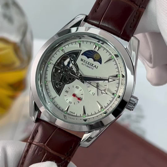 Men's Fashion Mechanical Watch - Automatic Winding Skeleton Moon Phase Dial, Round Dial, Analog Display, Mechanical Movement, No Battery Required
