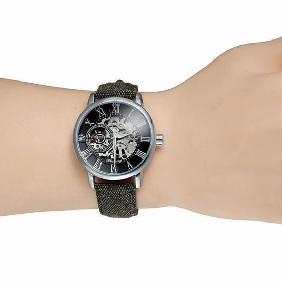 FORSINING Men's Skeleton Automatic Watch | Roman Numerals | Silvery Case | Green Canvas Strap | Mechanical Wristwatch | Gift for Him