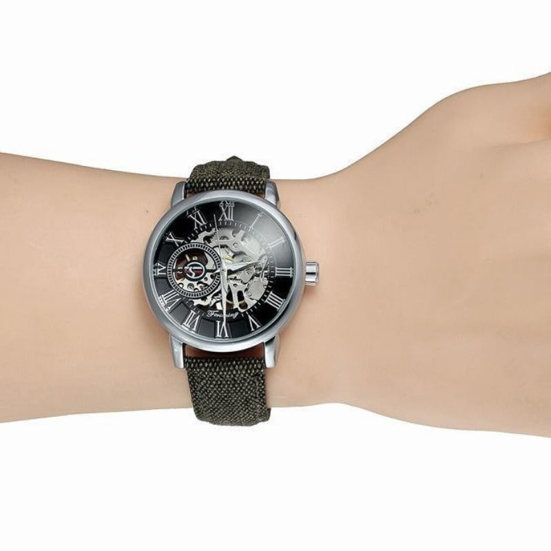 FORSINING Men's Skeleton Automatic Watch | Roman Numerals | Silvery Case | Green Canvas Strap | Mechanical Wristwatch | Gift for Him