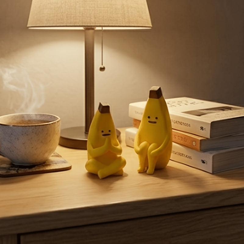 2pcs Different Shaped Banana Statues - Smiling And Frowning Face Expressions Collectible Desktop Decor, Resin Plastic Characters for Car And Home, Fun Birthday/Christmas/Halloween Gift (Yellow Banana Models)