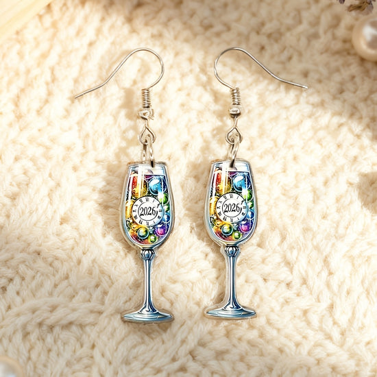 2D Flat - A Pair of 2D Flat Watercolor Earrings Featuring a Cheerful New Year 2026 Design, Made of Acrylic. These Cute Pendants Make Perfect Gifts for Friends And Family