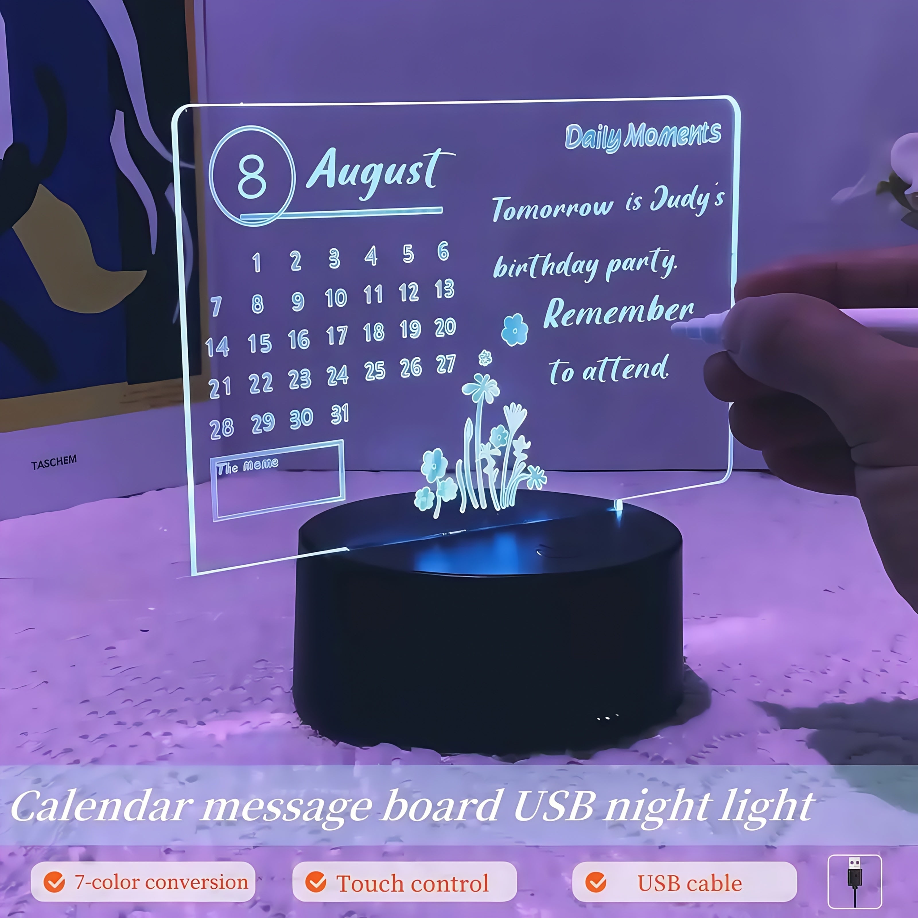 1pc DIY Calendar Message Board LED Night Light, USB Plug-in Ambient Lamp, DIY Writing Board USB Light, 7 Warm Colors with Two Light Modes, Suitable for Bedroom, Study, Bar, etc., Birthday Gift, Holiday Gift, Party Decoration, 3 Sizes Available, USB
