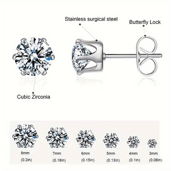 2pcs Exquisite Stainless Steel Stud Earring for Men Women, Synthetic Zirconia Ear Studs Ear Bone Studs Cochlear Nail Men's Stud Jewelry 3-8mm