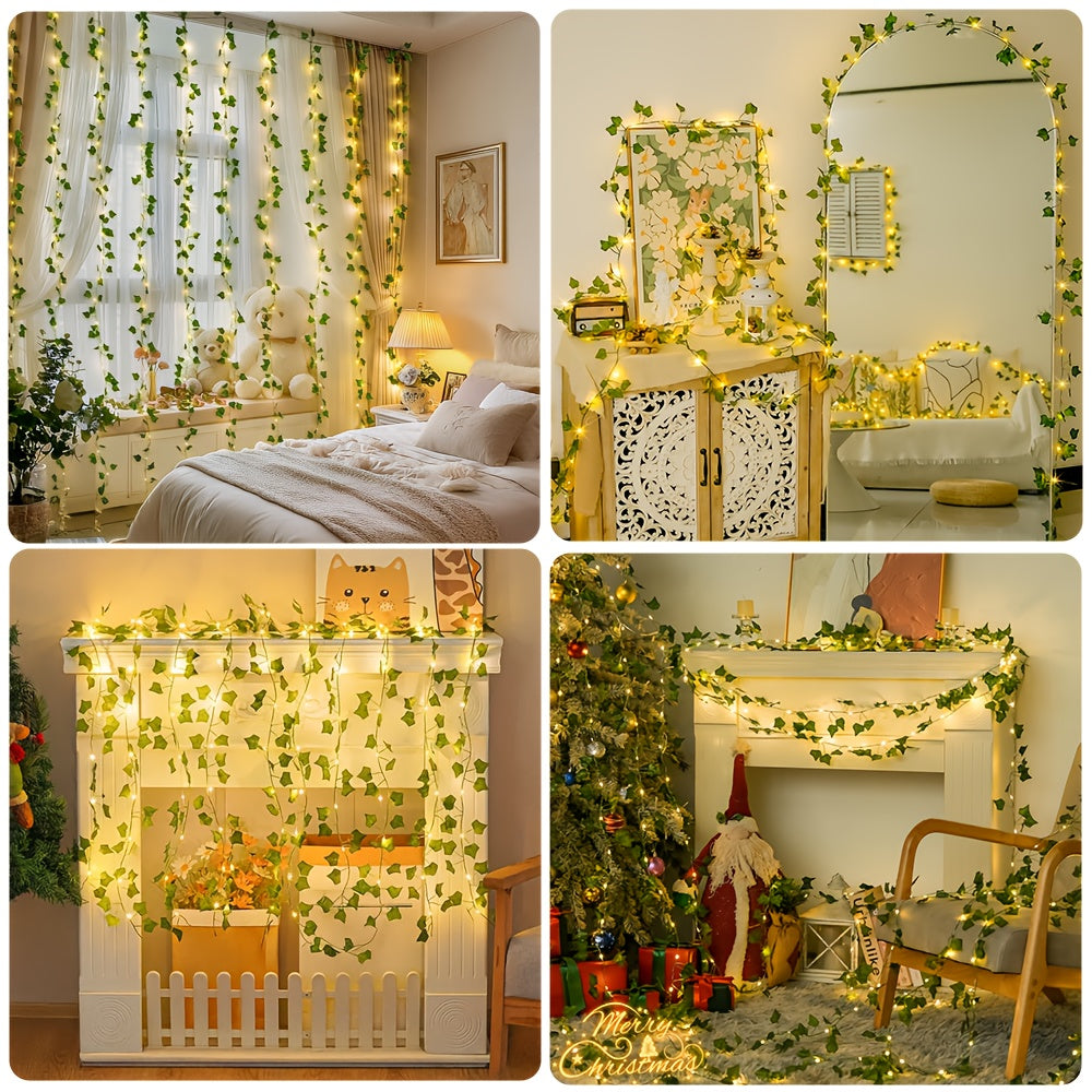 1pc, 200CM/20LED, Artificial Green Ivy String Lights, Vine Fairy Wreath Lights, for Family, Bedroom, Party, New Year, Wedding, Festival, Spring Decorations, Mother'S Day, Valentine'S Day, Wall Decoration, Easter, Battery Not Included