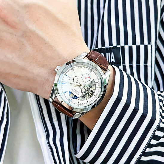 Men's Fashion Mechanical Watch - Automatic Winding Skeleton Moon Phase Dial, Round Dial, Analog Display, Mechanical Movement, No Battery Required