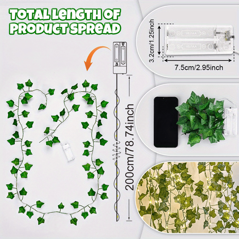 1pc, 200CM/20LED, Artificial Green Ivy String Lights, Vine Fairy Wreath Lights, for Family, Bedroom, Party, New Year, Wedding, Festival, Spring Decorations, Mother'S Day, Valentine'S Day, Wall Decoration, Easter, Battery Not Included