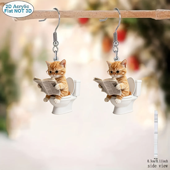 2D Flat, 1 Pair, Cute Sitting on Toilet Reading Newspaper Acrylic Pendant Earrings, Pet Lovers, Suitable Women, Parties And, Four Seasons Fashion Accessories,, Daily Earrings, Novel Earrings, Fantasy Illustration, Cute Design, Durable Pendant, Light