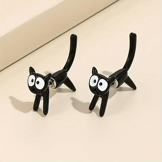 1 Pair Cute Black Cat Stud Earrings for Women & - Creative Gift, Alloy Posts, Playful Cartoon Design for Casual Attire, Novelty Earrings