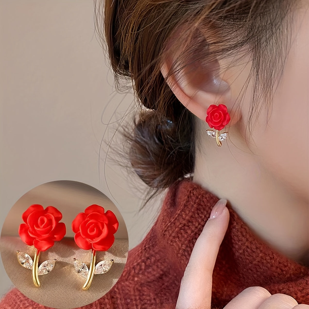 New Red Rose Earrings: Exquisite and Elegant Rose Stud Earrings, Trendy and Versatile Ear Accessories